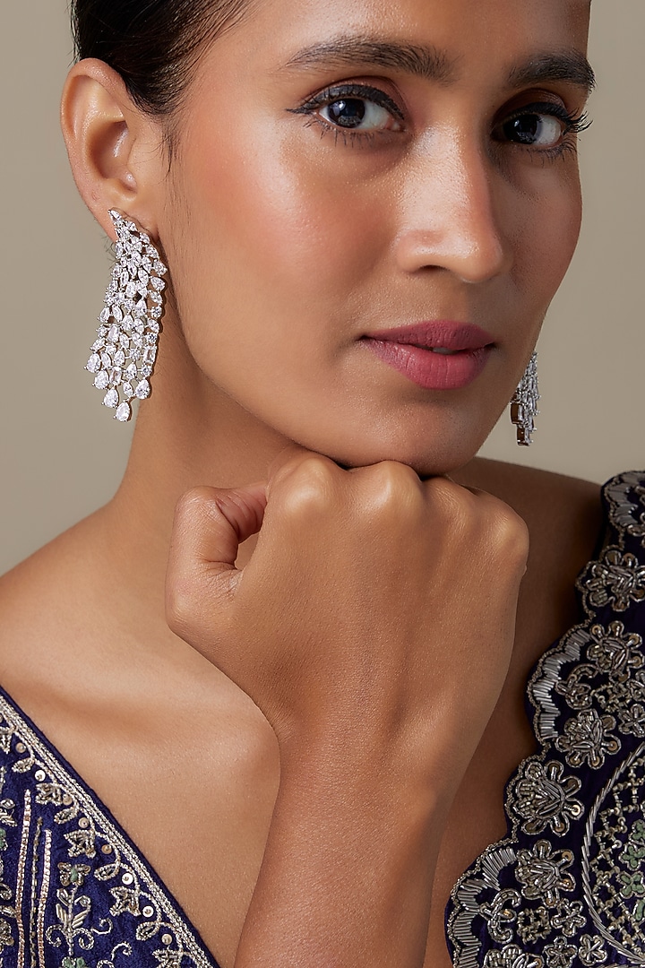 Silver Finish Zircon Dangler Earrings by Moh-Maya by Disha Khatri at Pernia's Pop Up Shop