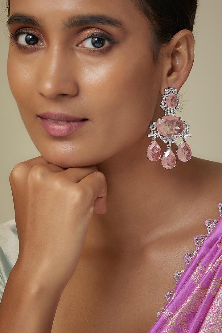 Silver Finish Zircon & Rose Quartz Stone Dangler Earrings by Moh-Maya by Disha Khatri at Pernia's Pop Up Shop