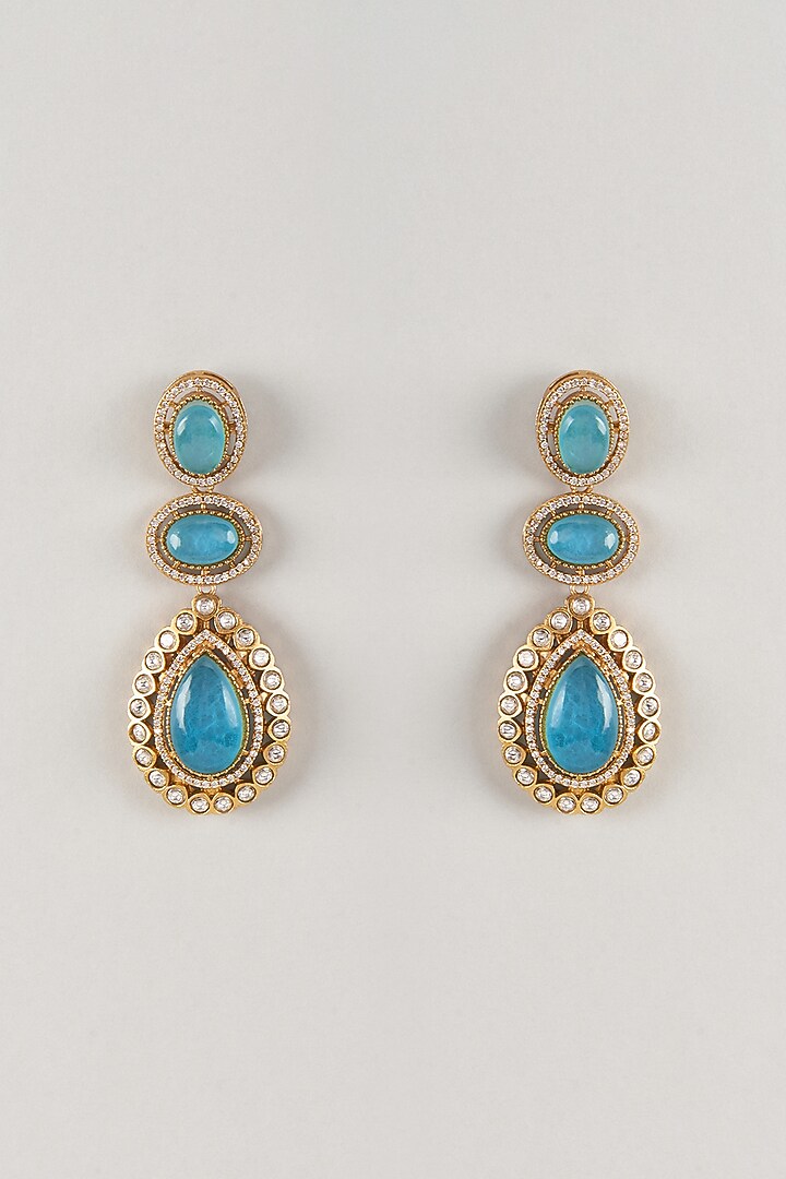 Gold Finish Zircon & Blue Sapphire Stone Dangler Earrings by Moh-Maya by Disha Khatri at Pernia's Pop Up Shop