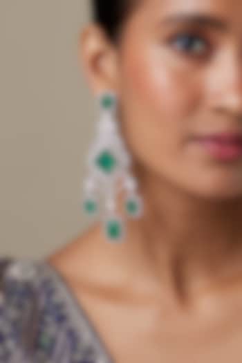 Silver Finish Zircon & Emerald Stone Dangler Earrings by Moh-Maya by Disha Khatri at Pernia's Pop Up Shop