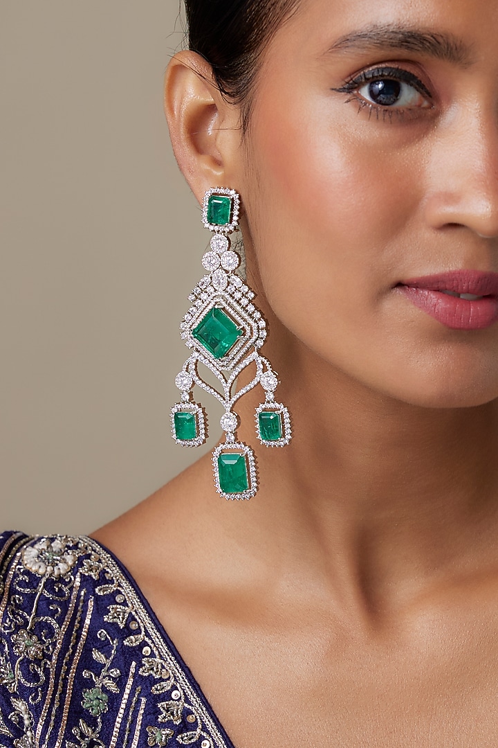Silver Finish Zircon & Emerald Stone Dangler Earrings by Moh-Maya by Disha Khatri at Pernia's Pop Up Shop