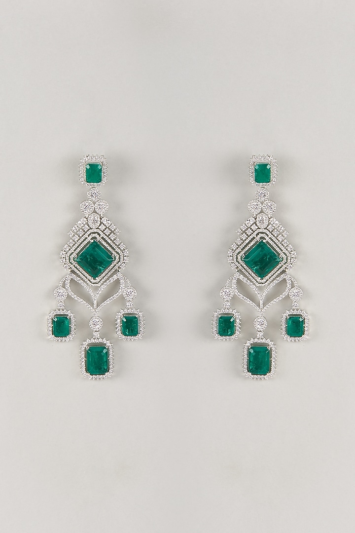 Silver Finish Zircon & Emerald Stone Dangler Earrings by Moh-Maya by Disha Khatri at Pernia's Pop Up Shop