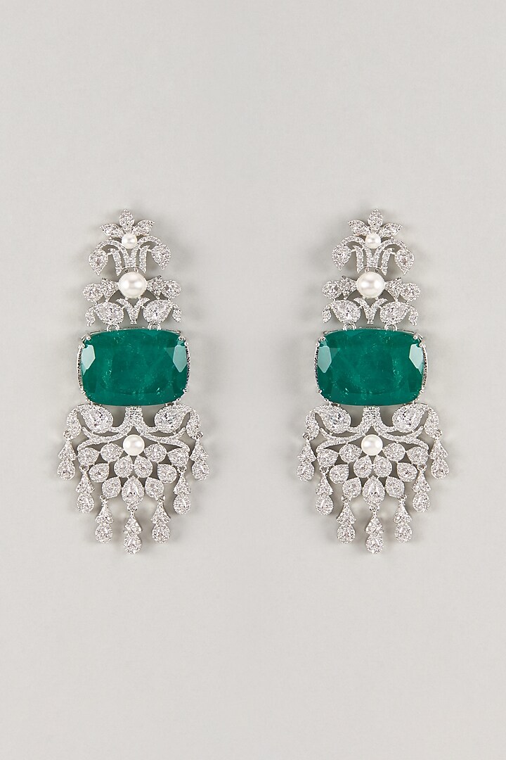 Silver Finish Zircon & Emerald Stone Dangler Earrings by Moh-Maya by Disha Khatri at Pernia's Pop Up Shop