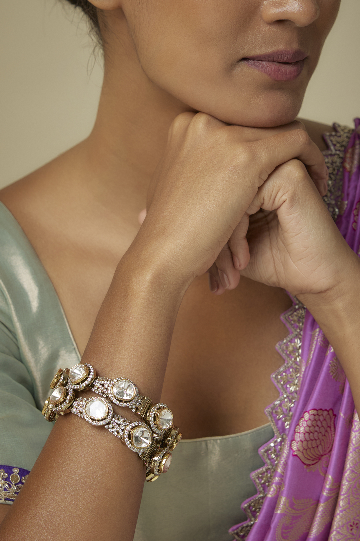Gold Finish Moissanite Polki Bangles (Set Of 2) by Moh-Maya by Disha Khatri at Pernia's Pop Up Shop