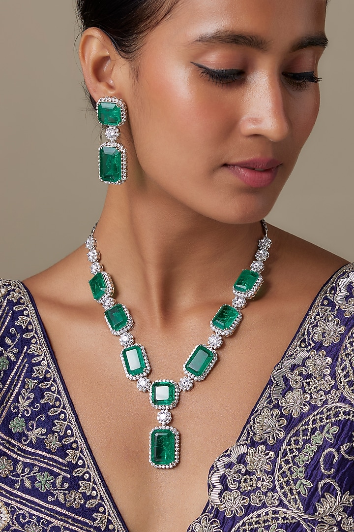 Silver Finish Zircon & Emerald Stone Long Necklace Set by Moh-Maya by Disha Khatri at Pernia's Pop Up Shop