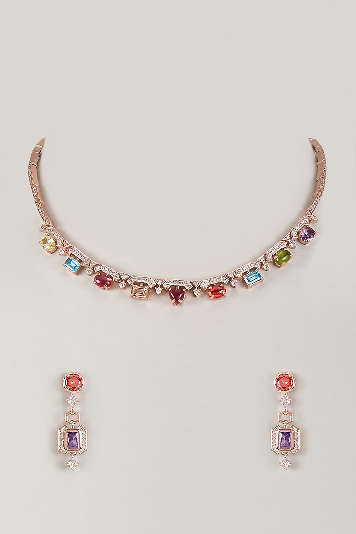 Rose Gold Finish Swarovski Zirconia & Multi-Colored Stone Necklace Set by Moh-Maya by Disha Khatri at Pernia's Pop Up Shop