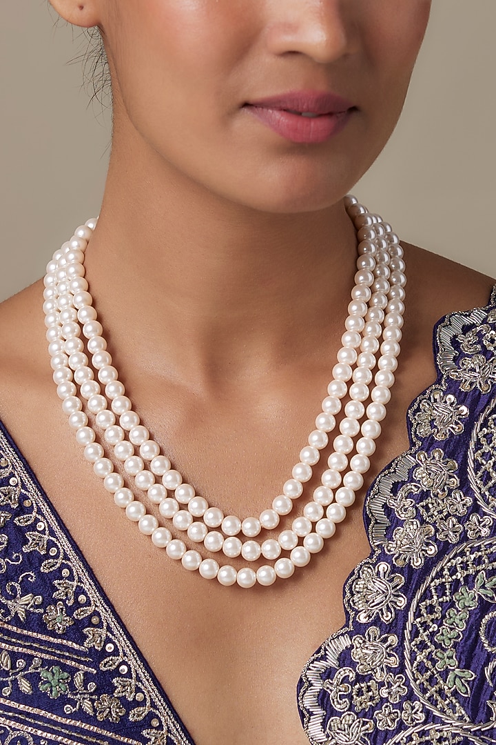 Silver Finish Pearl Long Necklace by Moh-Maya by Disha Khatri at Pernia's Pop Up Shop