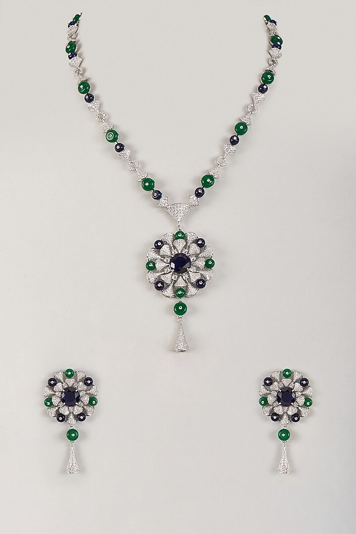 Silver Finish Zircon & Emerald Stone Necklace Set by Moh-Maya by Disha Khatri at Pernia's Pop Up Shop