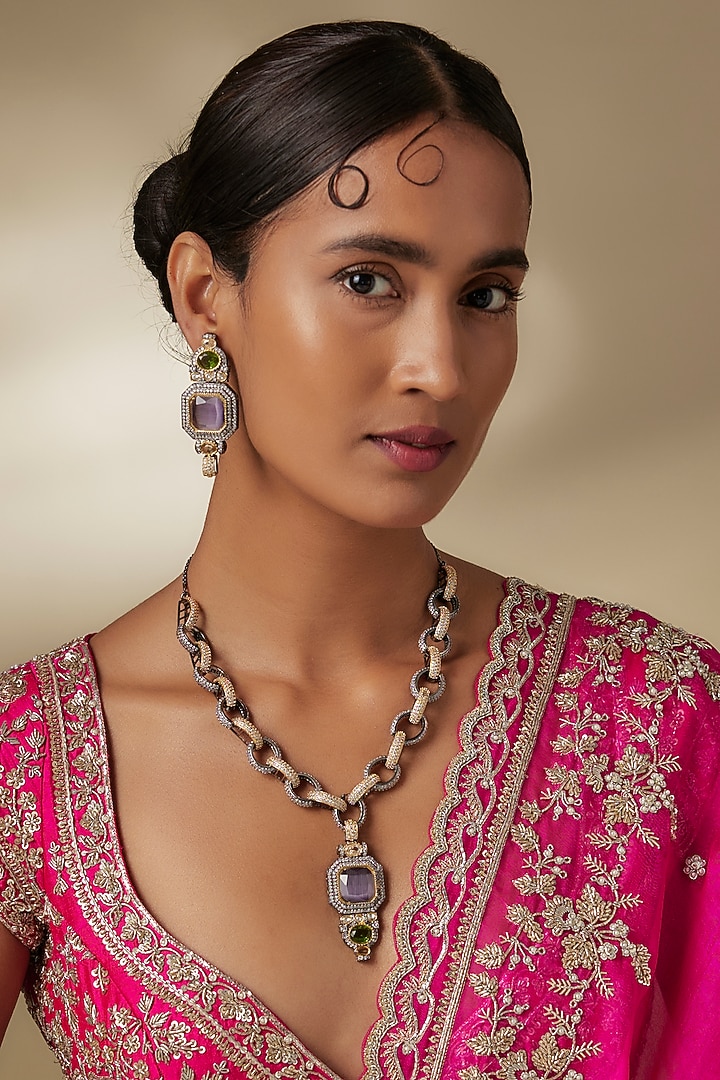 Silver Finish Zircon & Amethyst Stone Long Necklace Set by Moh-Maya by Disha Khatri at Pernia's Pop Up Shop