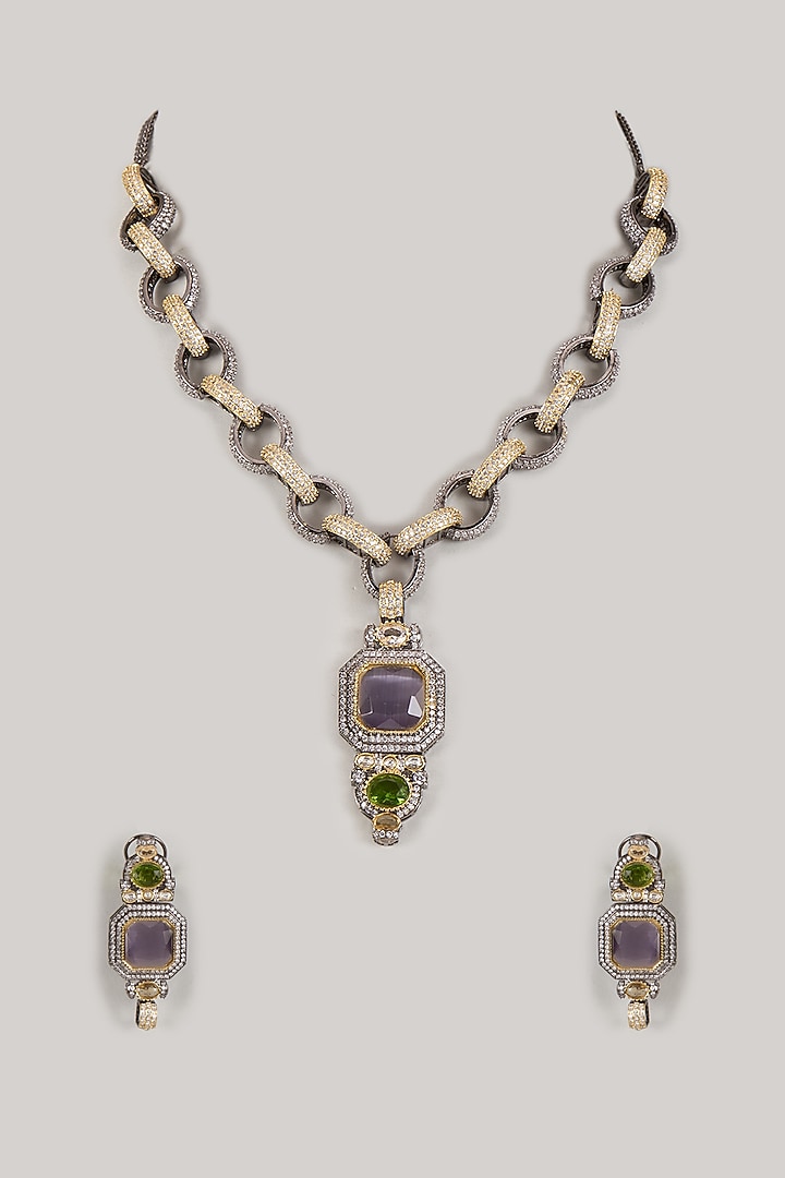 Silver Finish Zircon & Amethyst Stone Long Necklace Set by Moh-Maya by Disha Khatri at Pernia's Pop Up Shop