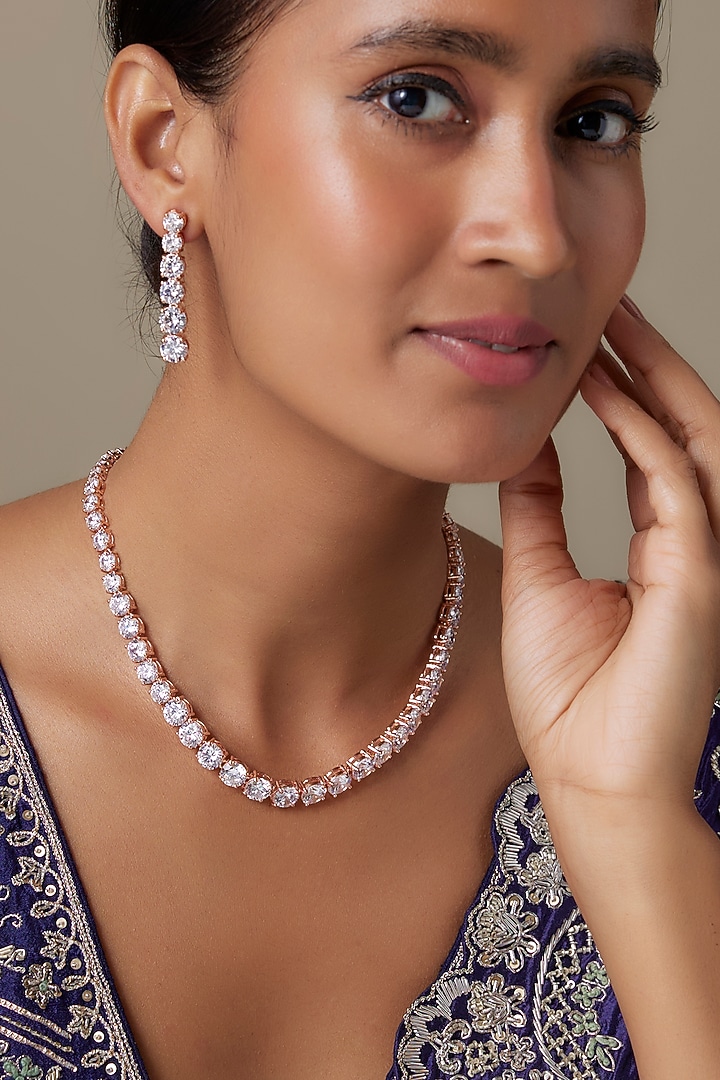 Rose Gold Finish Zircon Necklace Set by Moh-Maya by Disha Khatri at Pernia's Pop Up Shop