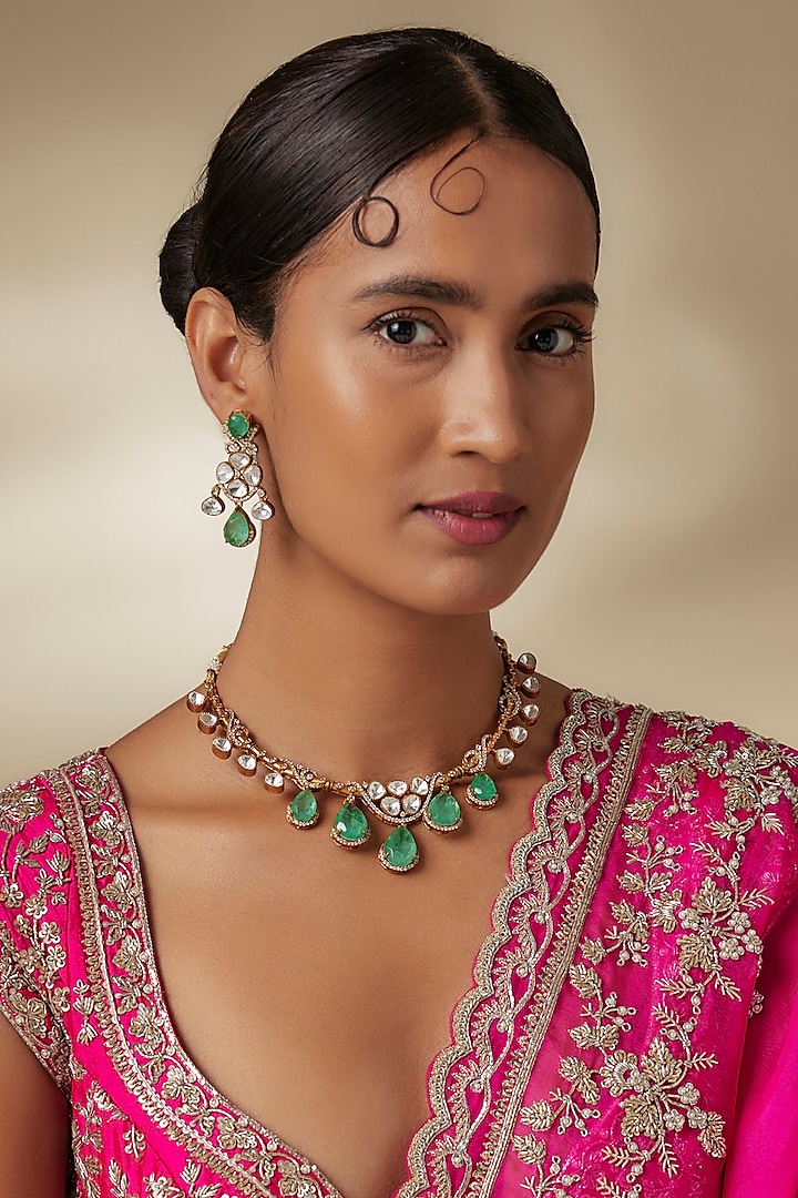 Gold Finish Kundan Polki & Emerald Zircon Choker Necklace Set by Moh-Maya by Disha Khatri at Pernia's Pop Up Shop