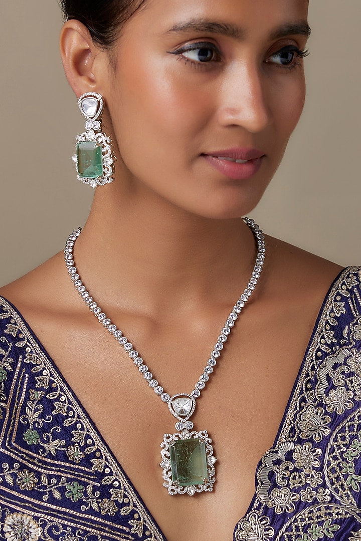 Silver Finish Turquoise Stone & Zircon Long Necklace Set by Moh-Maya by Disha Khatri at Pernia's Pop Up Shop