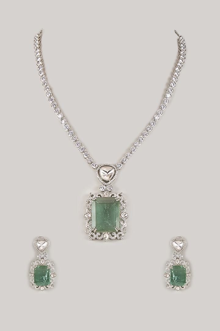 Silver Finish Turquoise Stone & Zircon Long Necklace Set by Moh-Maya by Disha Khatri at Pernia's Pop Up Shop