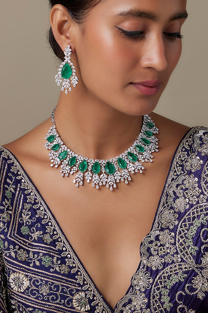 Silver Finish Zircon & Emerald Stone Choker Necklace Set by Moh-Maya by Disha Khatri at Pernia's Pop Up Shop