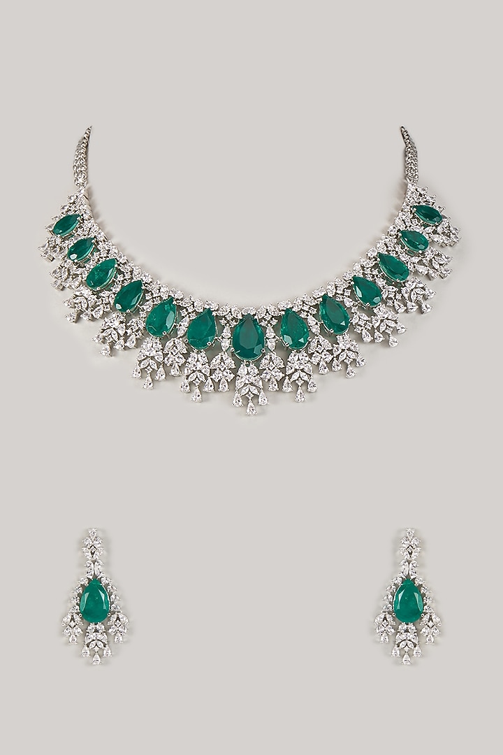 Silver Finish Zircon & Emerald Stone Choker Necklace Set by Moh-Maya by Disha Khatri at Pernia's Pop Up Shop