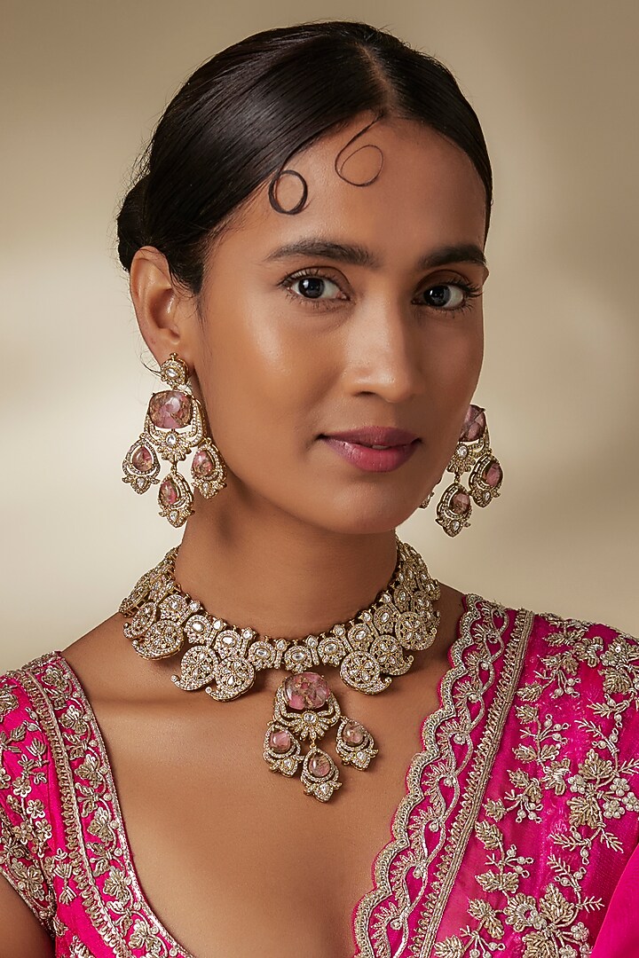 Gold Finish Zircon & Rose Quartz Stone Choker Necklace Set by Moh-Maya by Disha Khatri at Pernia's Pop Up Shop