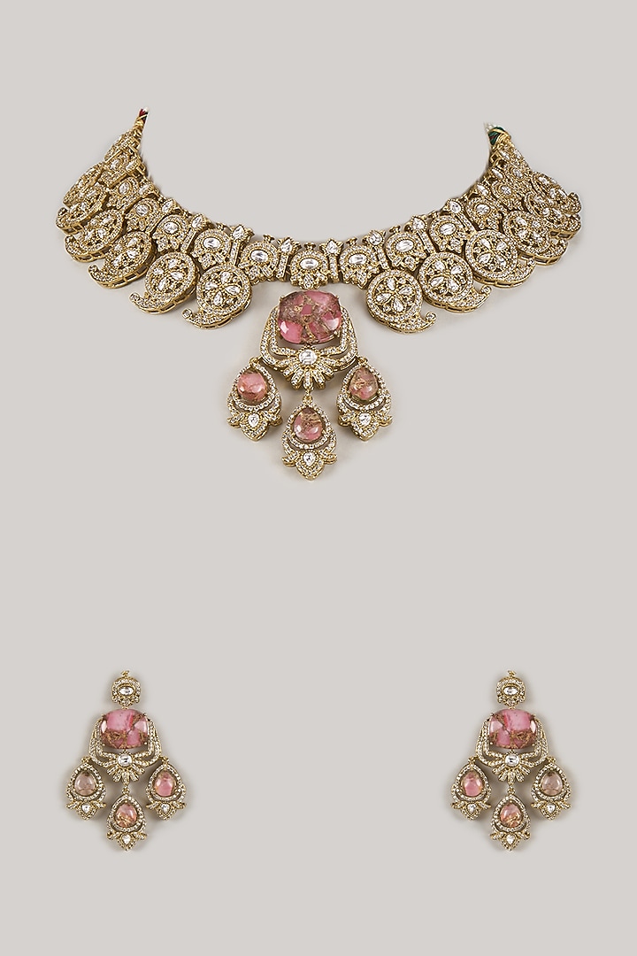 Gold Finish Zircon & Rose Quartz Stone Choker Necklace Set by Moh-Maya by Disha Khatri at Pernia's Pop Up Shop