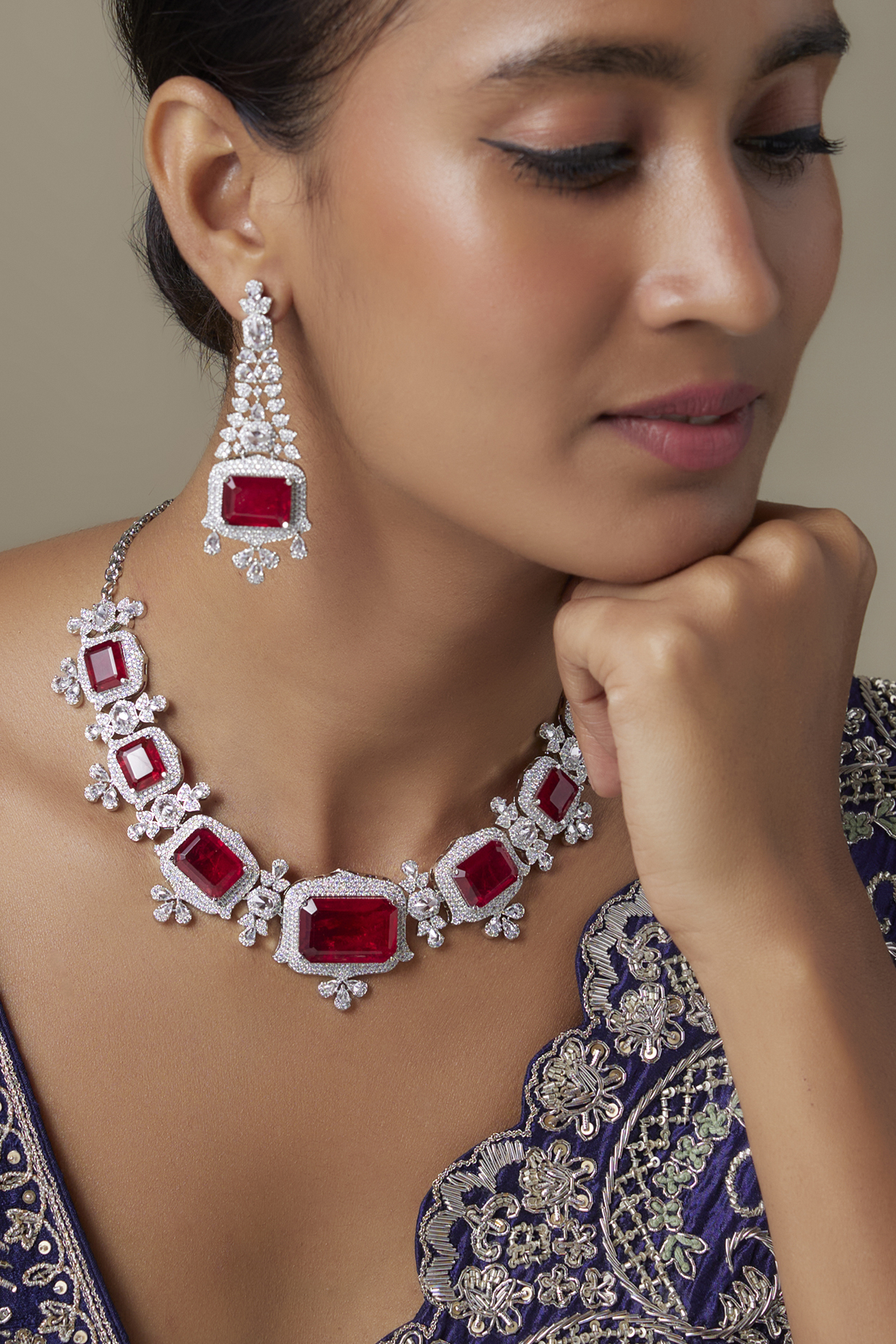 Silver Finish Zircon & Ruby Stone Choker Necklace Set by Moh-Maya by Disha Khatri at Pernia's Pop Up Shop