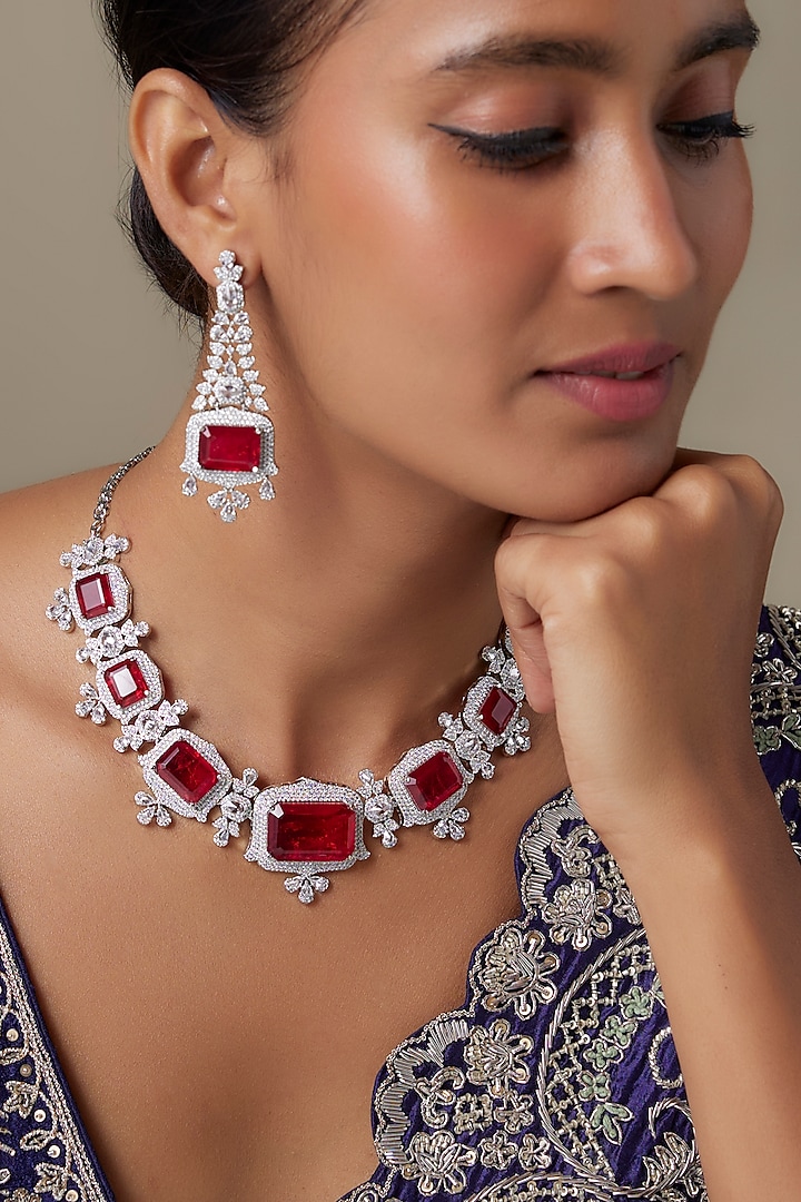 Silver Finish Zircon & Ruby Stone Choker Necklace Set by Moh-Maya by Disha Khatri at Pernia's Pop Up Shop