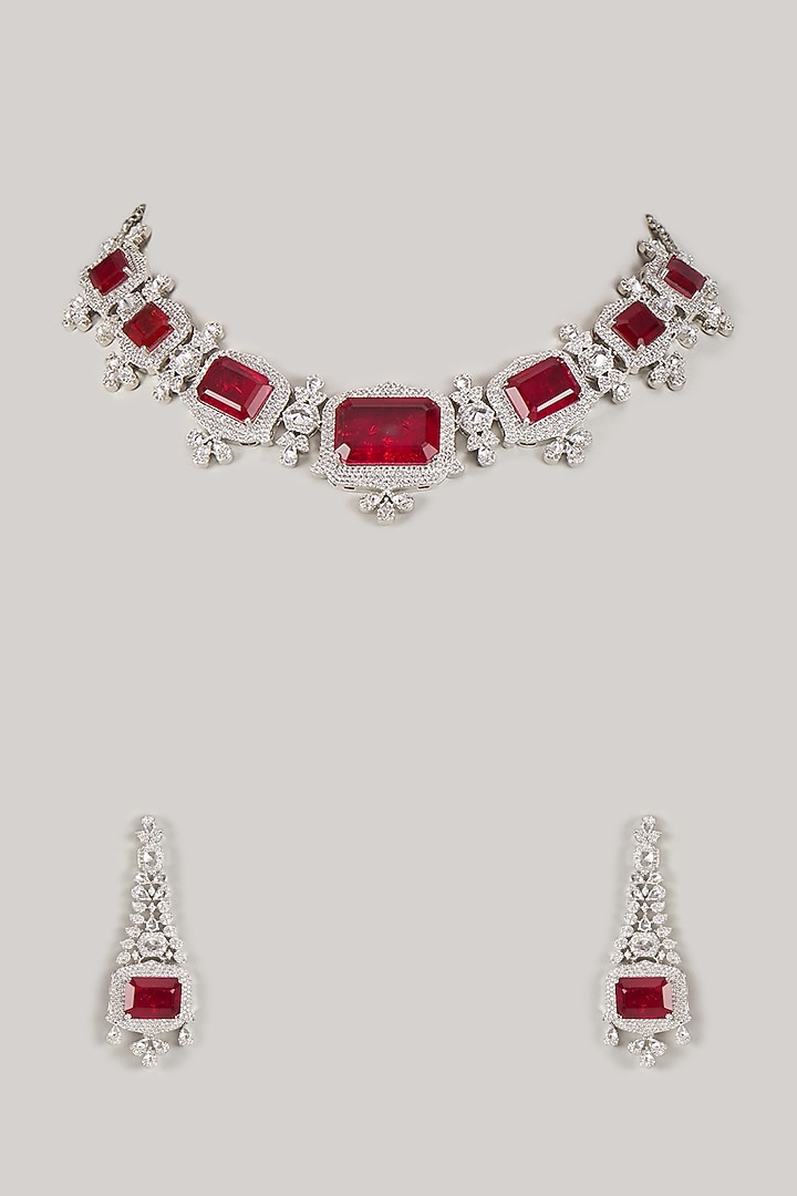 Silver Finish Zircon & Ruby Stone Choker Necklace Set by Moh-Maya by Disha Khatri at Pernia's Pop Up Shop