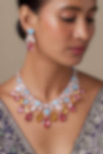 Rose Gold Finish Rose Quartz Stone & Zircon Blue Meenakari Choker Necklace Set by Moh-Maya by Disha Khatri at Pernia's Pop Up Shop