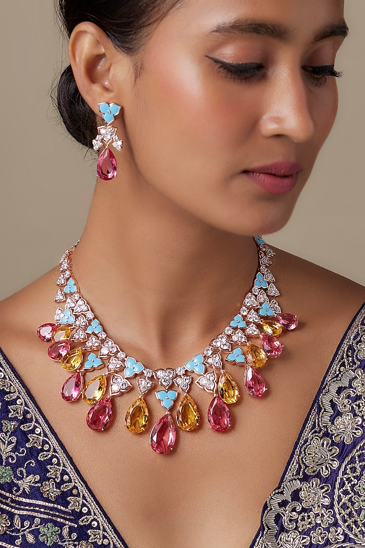 Rose Gold Finish Rose Quartz Stone & Zircon Blue Meenakari Choker Necklace Set by Moh-Maya by Disha Khatri at Pernia's Pop Up Shop