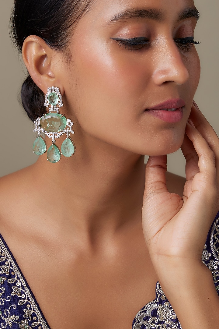 Silver Finish Turquoise Stone & Zircon Dangler Earrings by Moh-Maya by Disha Khatri at Pernia's Pop Up Shop