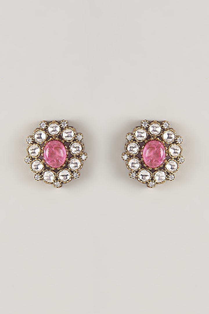Gold Finish Zircon & Quartz Stone Stud Earrings by Moh-Maya by Disha Khatri at Pernia's Pop Up Shop