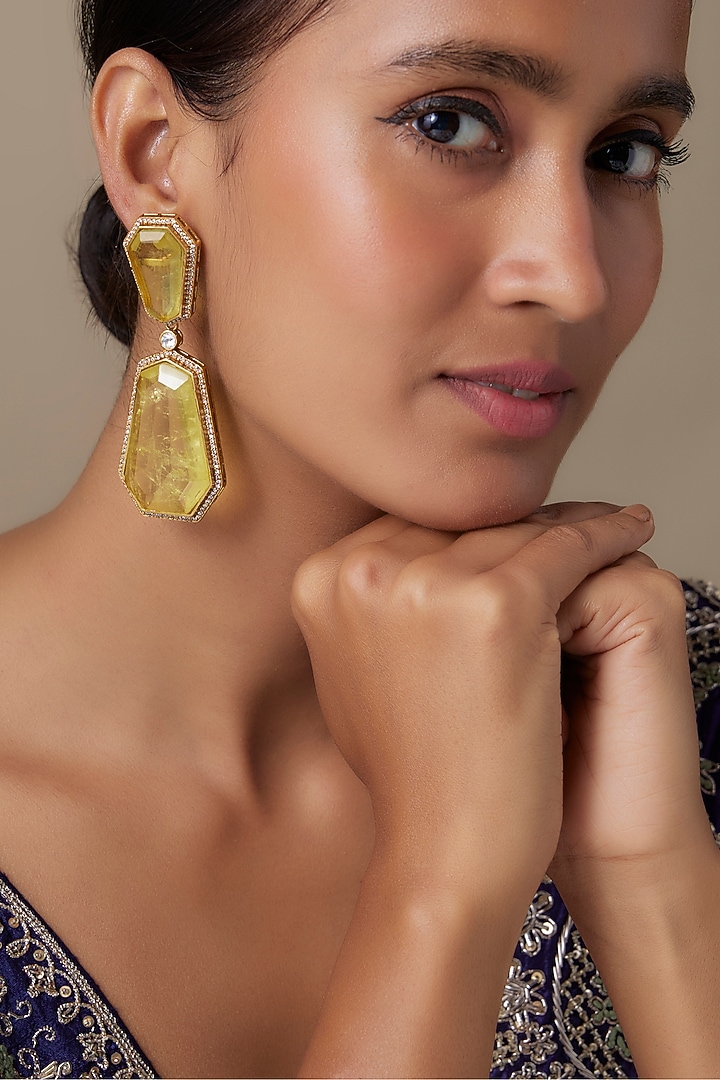 Silver Finish Zircon & Yellow Sapphire Stone Dangler Earrings by Moh-Maya by Disha Khatri at Pernia's Pop Up Shop