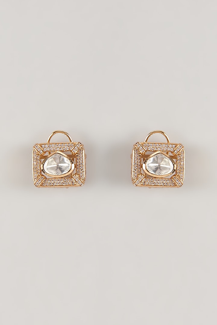 Gold Finish Zircon & Moissanite Stone Stud Earrings by Moh-Maya by Disha Khatri at Pernia's Pop Up Shop