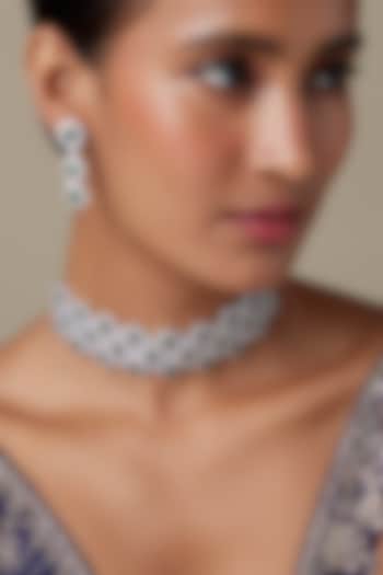 Silver Finish Zircon & Emerald Stone Choker Necklace Set by Moh-Maya by Disha Khatri at Pernia's Pop Up Shop