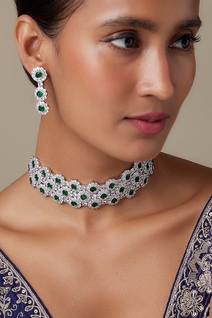 Silver Finish Zircon & Emerald Stone Choker Necklace Set by Moh-Maya by Disha Khatri at Pernia's Pop Up Shop