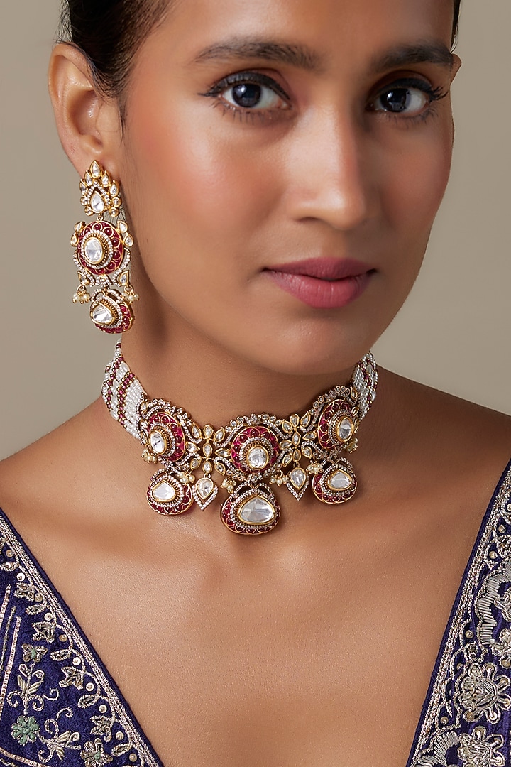Gold Finish Kundan Polki & Ruby Stone Choker Necklace Set by Moh-Maya by Disha Khatri at Pernia's Pop Up Shop
