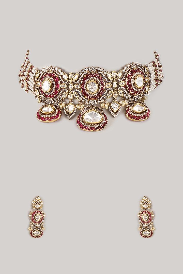 Gold Finish Kundan Polki & Ruby Stone Choker Necklace Set by Moh-Maya by Disha Khatri at Pernia's Pop Up Shop
