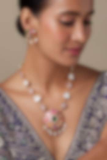 Gold Finish Rose Quartz & Navratna Opal Carved Stone Long Necklace Set by Moh-Maya by Disha Khatri at Pernia's Pop Up Shop