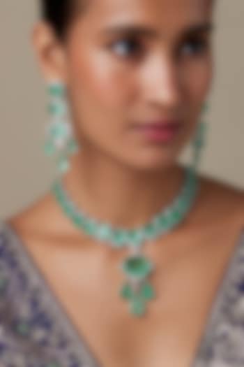 Silver Finish Zircon & Turquoise Green Stone Necklace Set by Moh-Maya by Disha Khatri at Pernia's Pop Up Shop
