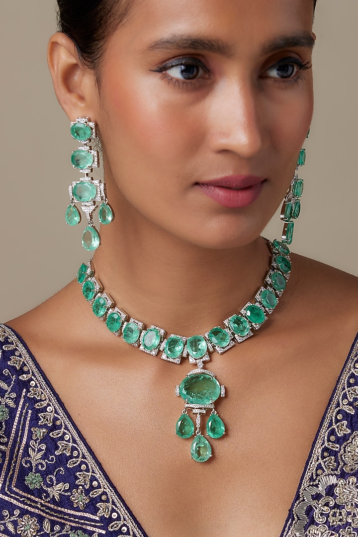 Silver Finish Zircon & Turquoise Green Stone Necklace Set by Moh-Maya by Disha Khatri at Pernia's Pop Up Shop
