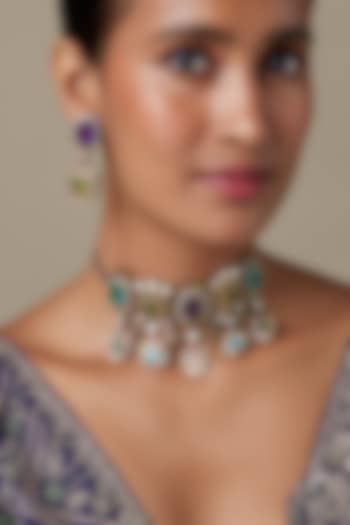 Gold Finish Zircon & Moissanite Stone Choker Necklace Set by Moh-Maya by Disha Khatri at Pernia's Pop Up Shop