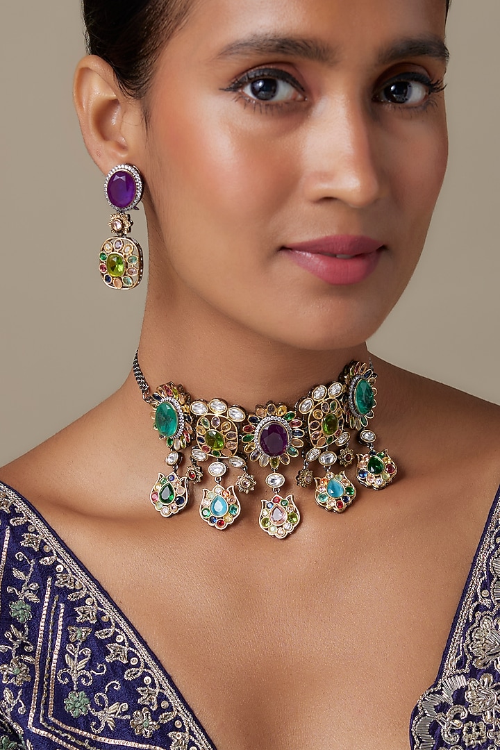 Gold Finish Zircon & Moissanite Stone Choker Necklace Set by Moh-Maya by Disha Khatri at Pernia's Pop Up Shop