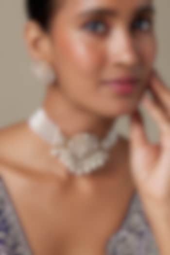 Gold Finish Zircon & Pearl Choker Necklace Set by Moh-Maya by Disha Khatri at Pernia's Pop Up Shop