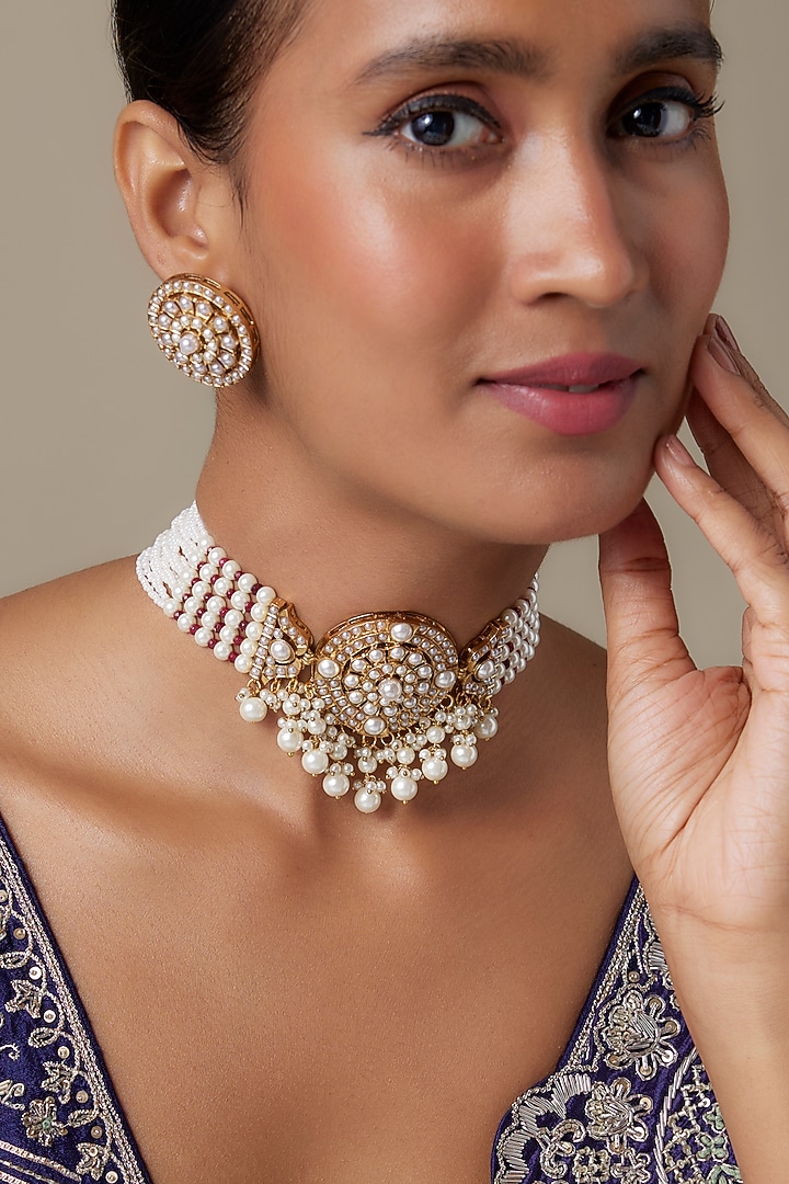 Gold Finish Zircon & Pearl Choker Necklace Set by Moh-Maya by Disha Khatri at Pernia's Pop Up Shop