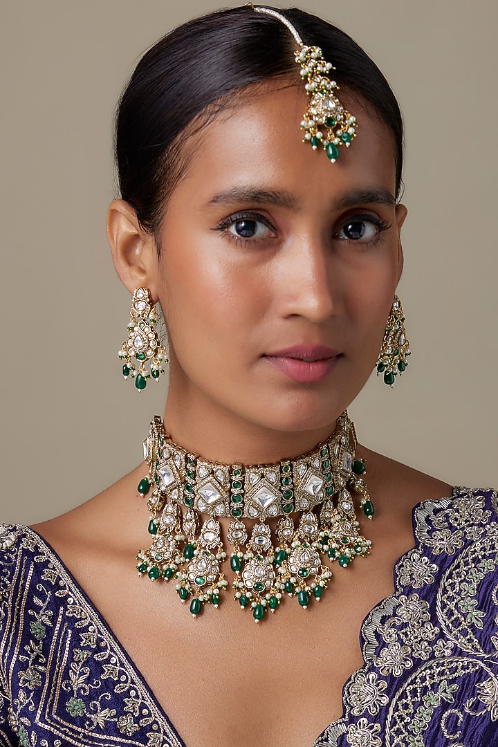 Gold Finish Zircon & Moissanite Stone Choker Necklace Set by Moh-Maya by Disha Khatri at Pernia's Pop Up Shop