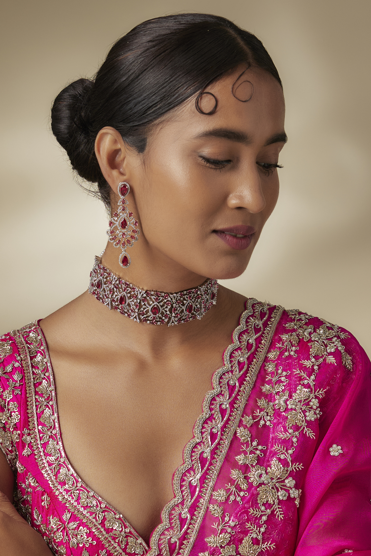 Silver Finish Zircon & Ruby Stone Choker Necklace Set by Moh-Maya by Disha Khatri at Pernia's Pop Up Shop