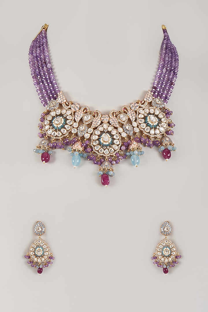 Gold Finish Multi-Colored Beaded & Zircon Choker Necklace Set by Moh-Maya by Disha Khatri at Pernia's Pop Up Shop