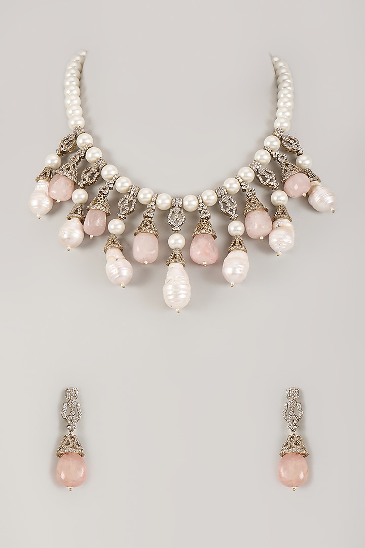 Gold Finish Zircon Beads & Opal Pearl Necklace Set by Moh-Maya by Disha Khatri at Pernia's Pop Up Shop