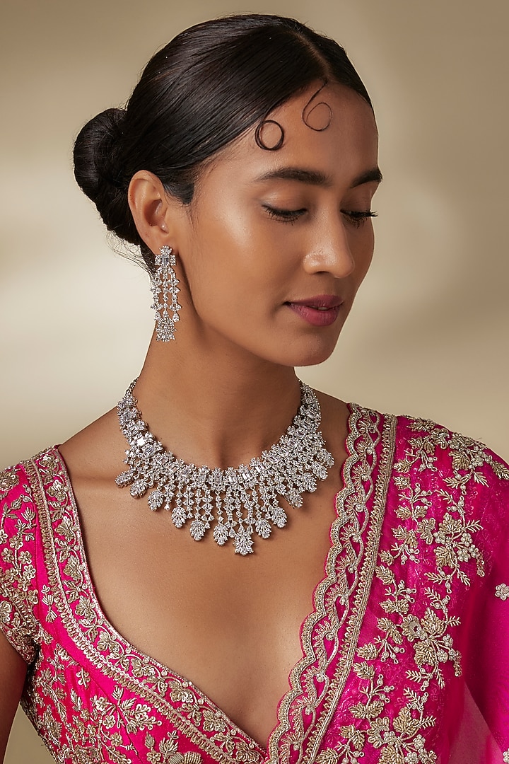 Silver Finish Zircon Choker Necklace Set by Moh-Maya by Disha Khatri at Pernia's Pop Up Shop