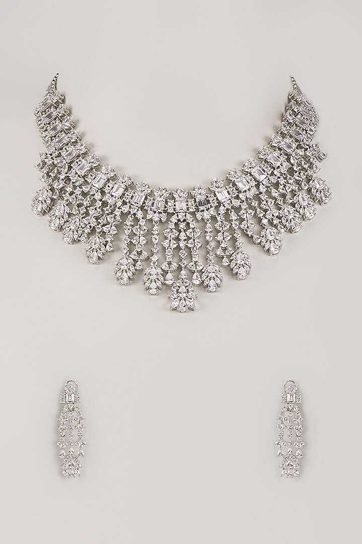 Silver Finish Zircon Choker Necklace Set by Moh-Maya by Disha Khatri at Pernia's Pop Up Shop