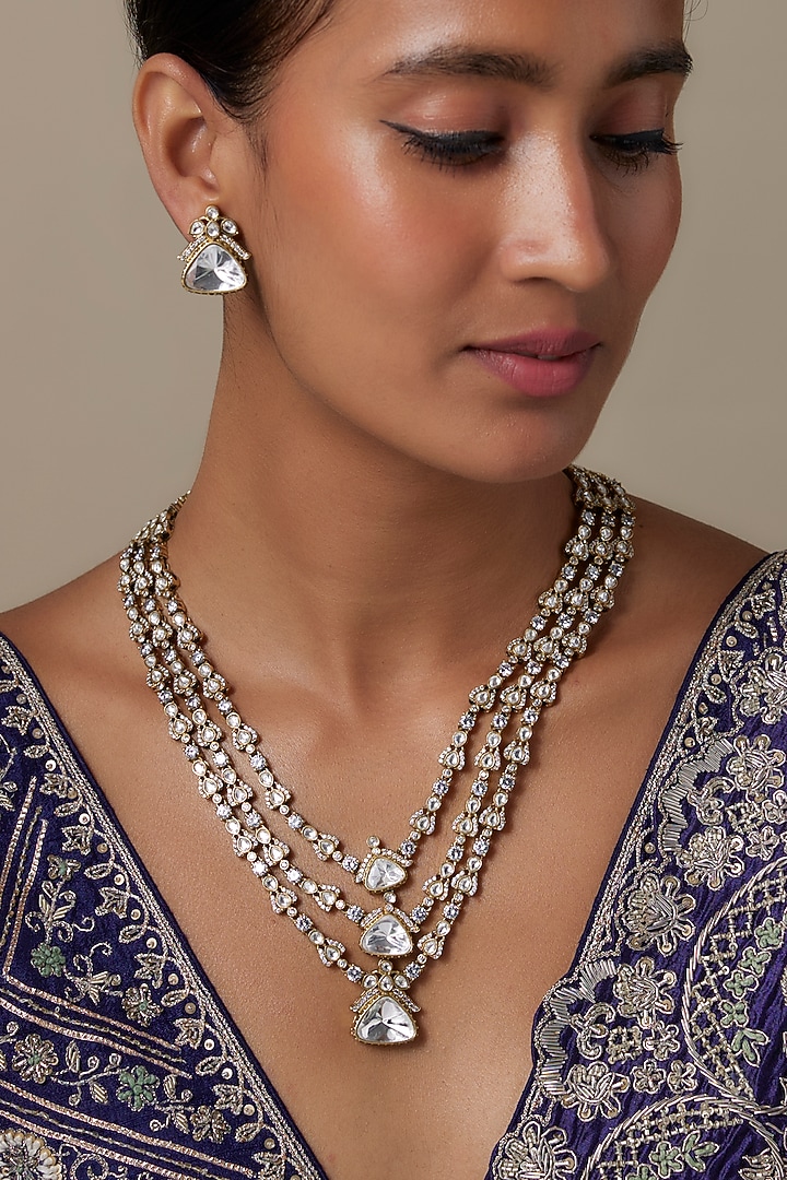 Gold Finish Zircon & Moissanite Stone Layered Long Necklace Set by Moh-Maya by Disha Khatri at Pernia's Pop Up Shop