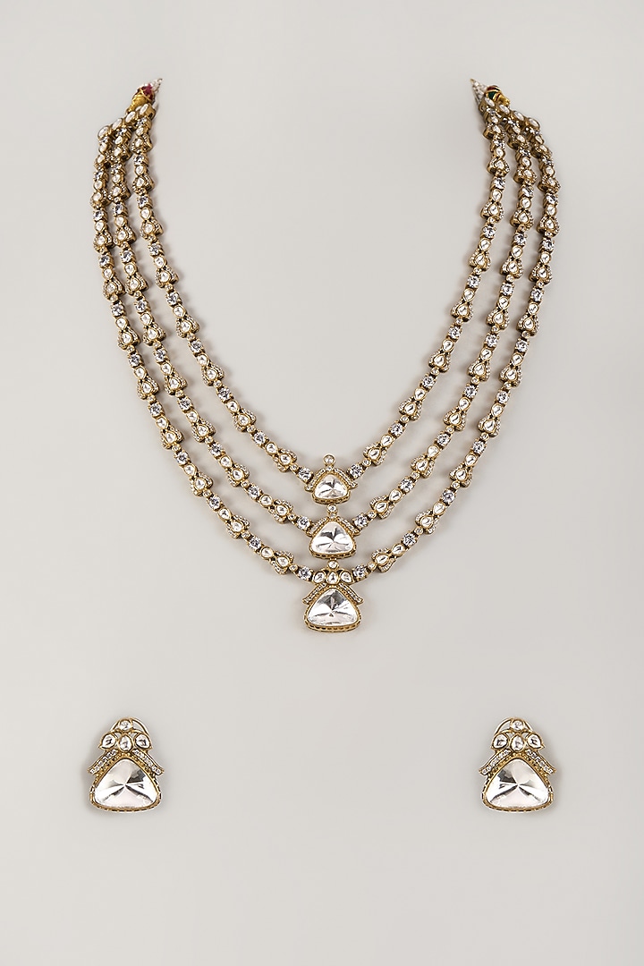 Gold Finish Zircon & Moissanite Stone Layered Long Necklace Set by Moh-Maya by Disha Khatri at Pernia's Pop Up Shop